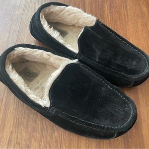 UGG Slippers Mens 9 Ascot Slip On Black Suede Leather Shoe Loafers Sheepskin